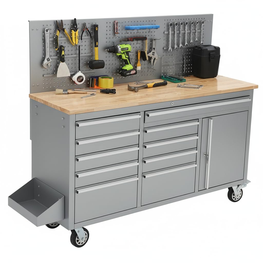 GAOMON 61-inch Rolling Tool Chest, 10 Drawers Garage Workbench Storage Tool Cabinet with Power Strip, Solid Rubber Wood Top, 1675 LBS Load Mobile Workstation, Heavy Duty Rolling Cabinet, Silver