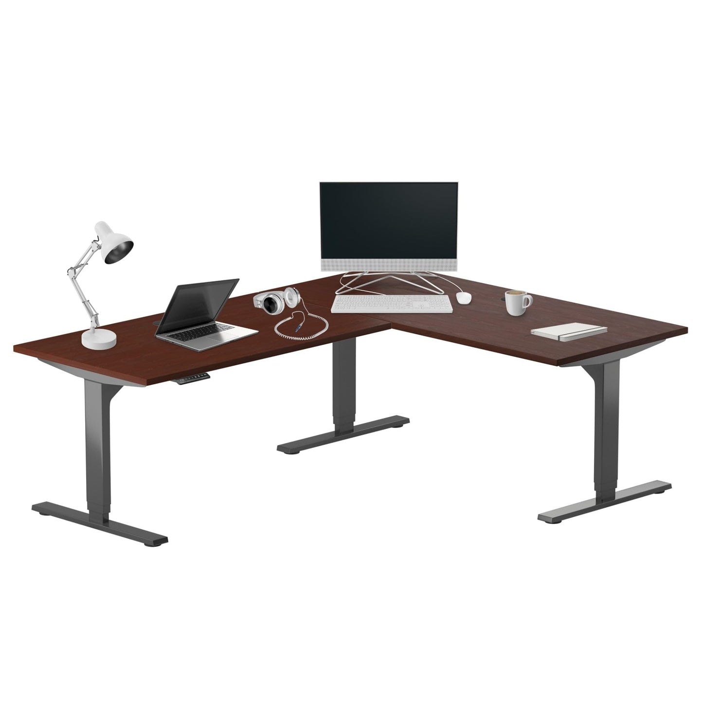 Progressive Desk L Shaped Height Adjustable Standing Desk 78" x 48" - Corner Computer Desk - Electric Stand Up Rising Workstation - Black Frame/Roasted Walnut Top