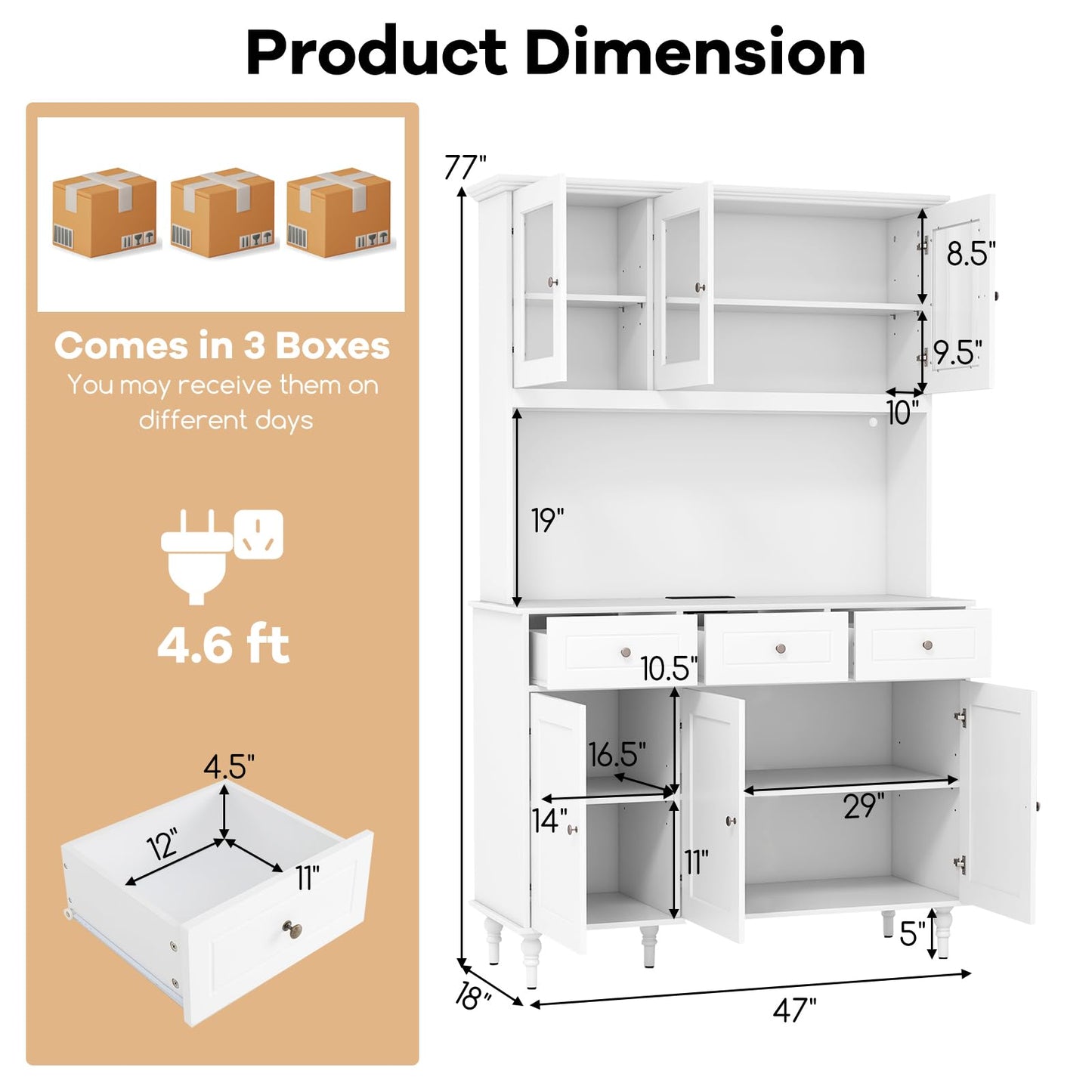Giantex 77” Large Pantry Cabinet, Kitchen Buffet Hutch w/LED Lights 20 Colors, Outlet, 3 Drawers, Microwave Countertop, Freestanding Cupboard with 4 Adjustable Shelves & Tempered Glass Doors (White)