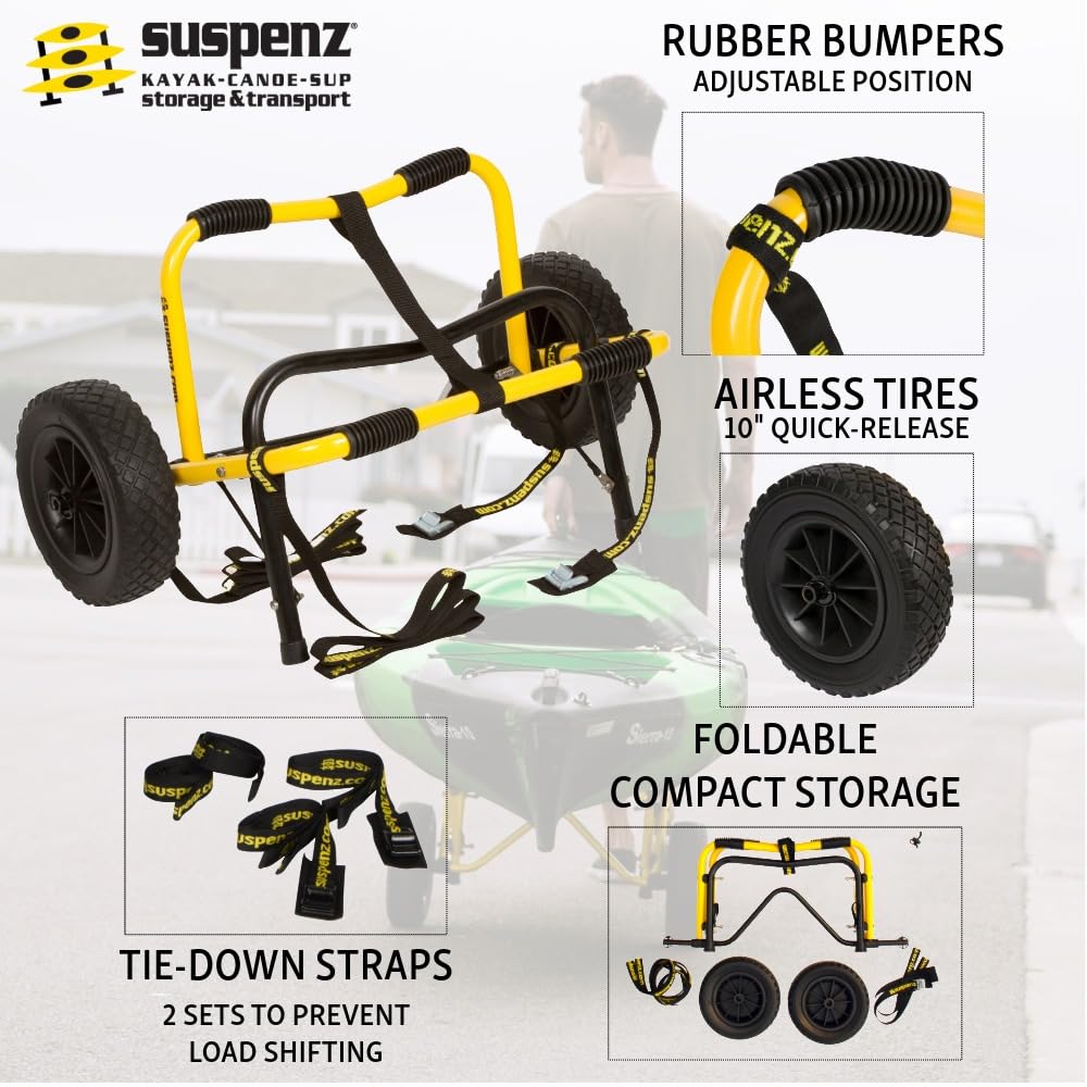 Suspenz Kayak Canoe Trailer Cart, Heavy Duty Kayak Transport Dolly with Airless Wheels, Yellow, 22-6699