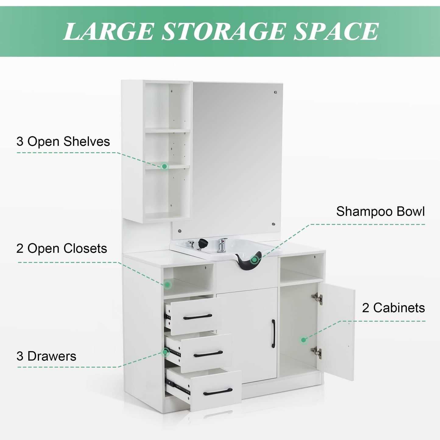 BarberPub Wall Mount Cabinet Barber Station with Mirror and Shampoo backwash Bowl Barbershop Salon Equipment 3140 (White)