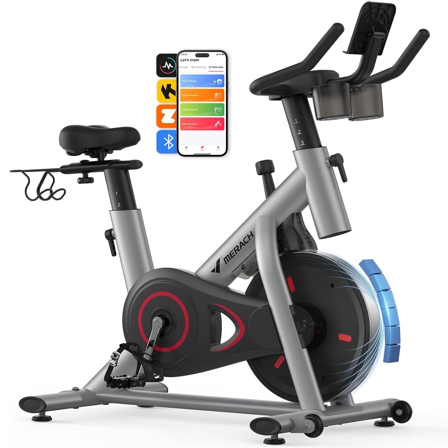 Merach Exercise Bike, Magnetic Friction Stationary Bike with Brake Pad and Exclusive App, Low Noise Indoor Cycling Bike with 300lbs Weight Capacity, Tablet Mount and Fitness Courses for Weight Loss