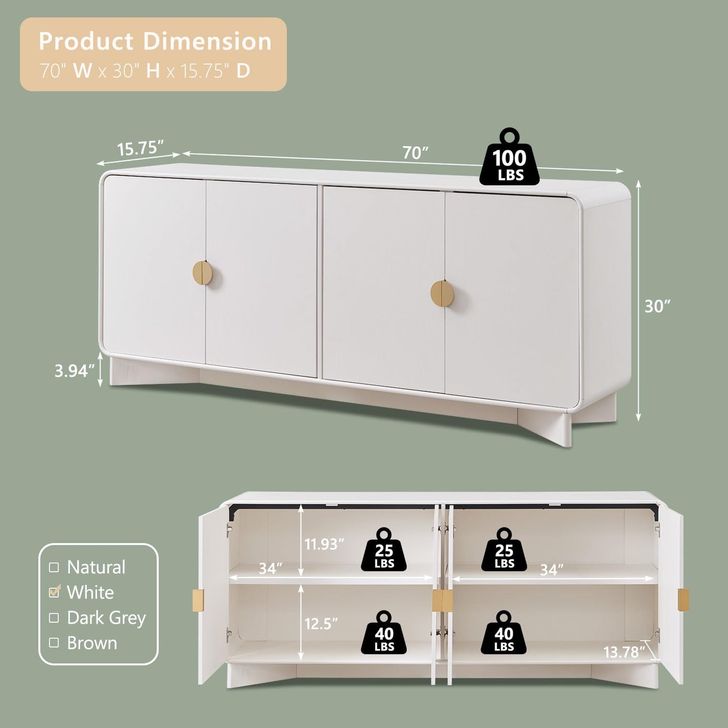 IFGET 70" Modern TV Stand for TVs Up to 80 inches, 30" Tall Entertainment Center with Storage and Adjustable Shelves, TV Console with Curved Profile Design, Media Console for Living Room, White
