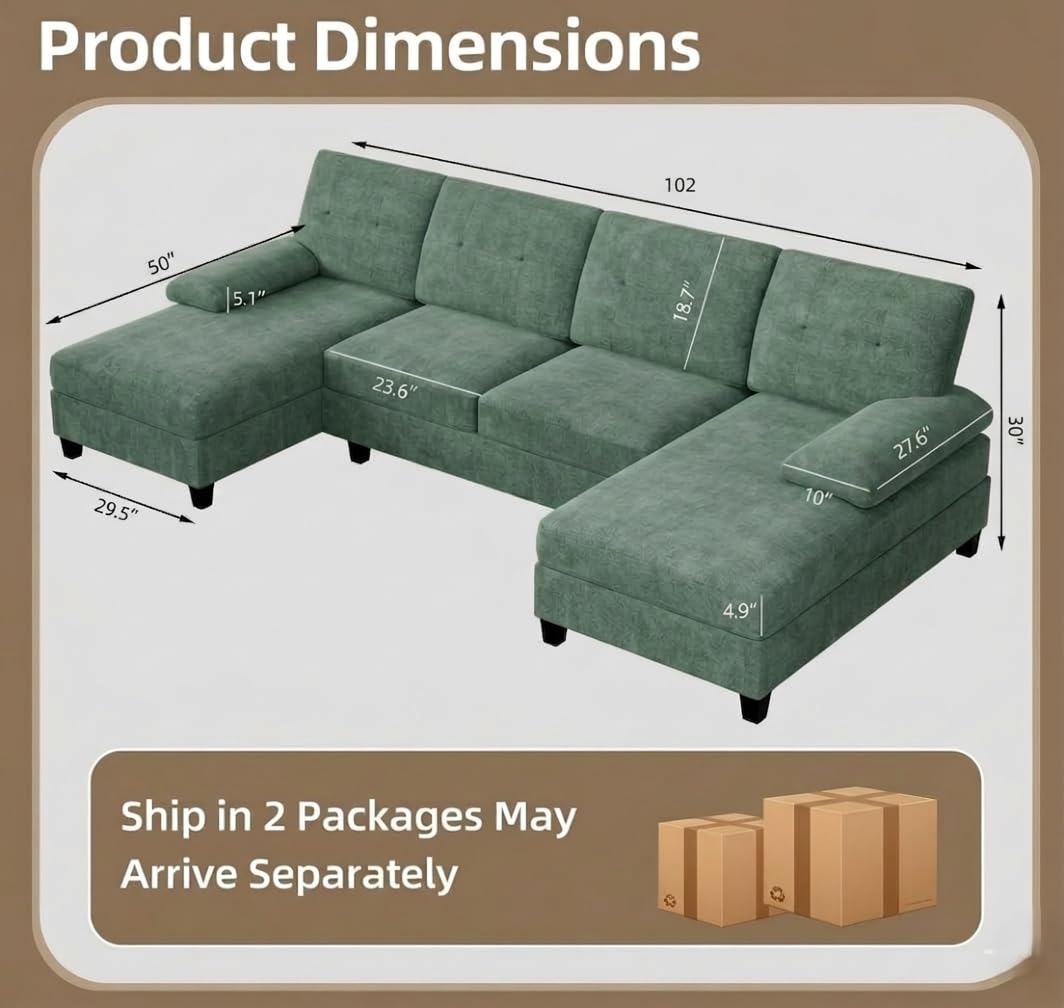 U-Shaped Sectional Couches for Living Room, 4 Seat Sofa with Double Chaise Lounges,Solid Wood Frame Sectional Sofa for Apartment,Green