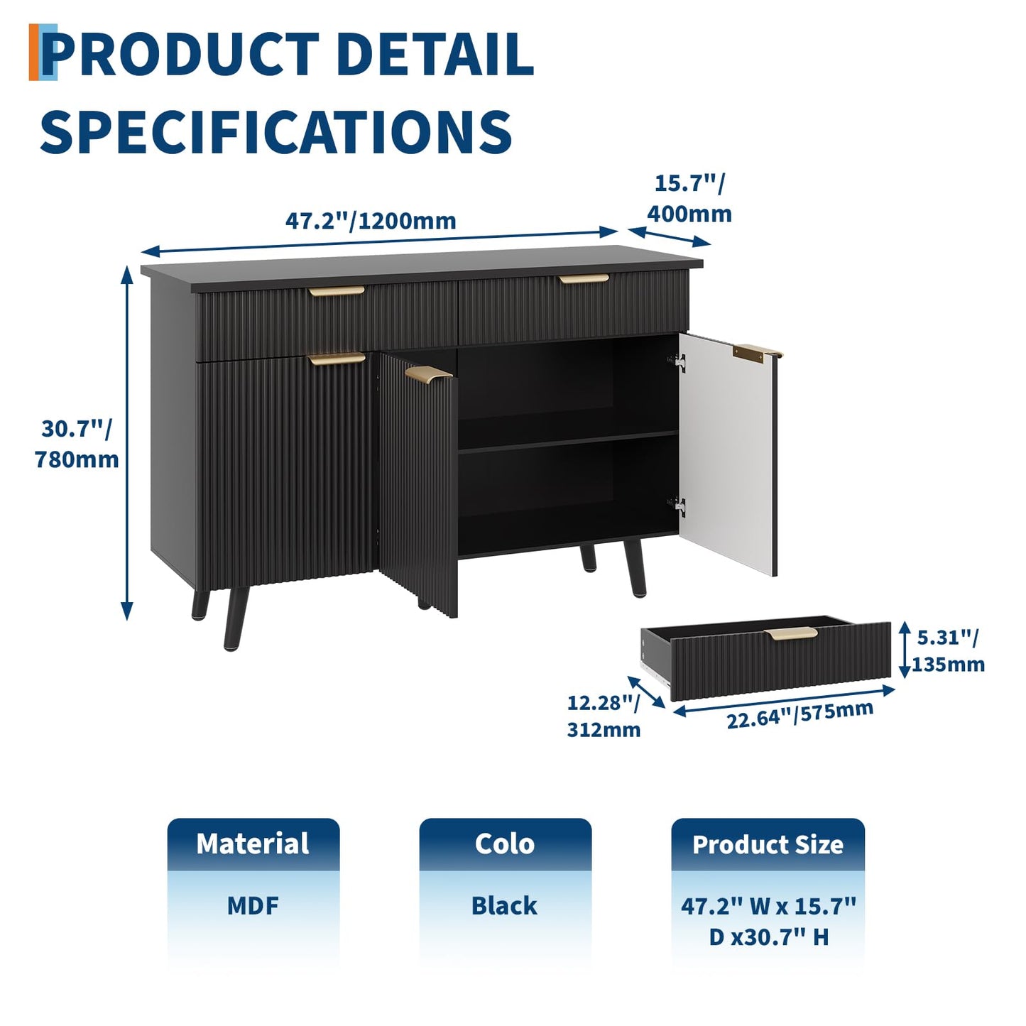 IDEALHOUSE 47" Buffet Sideboard with Storage and Adjustable Shelves, Modern Fluted Kitchen Storage Cabinet, 2 Drawers, 3 Doors, Wood Coffee Bar Cabinet Buffet Table for Kitchen, Dining Room- Black
