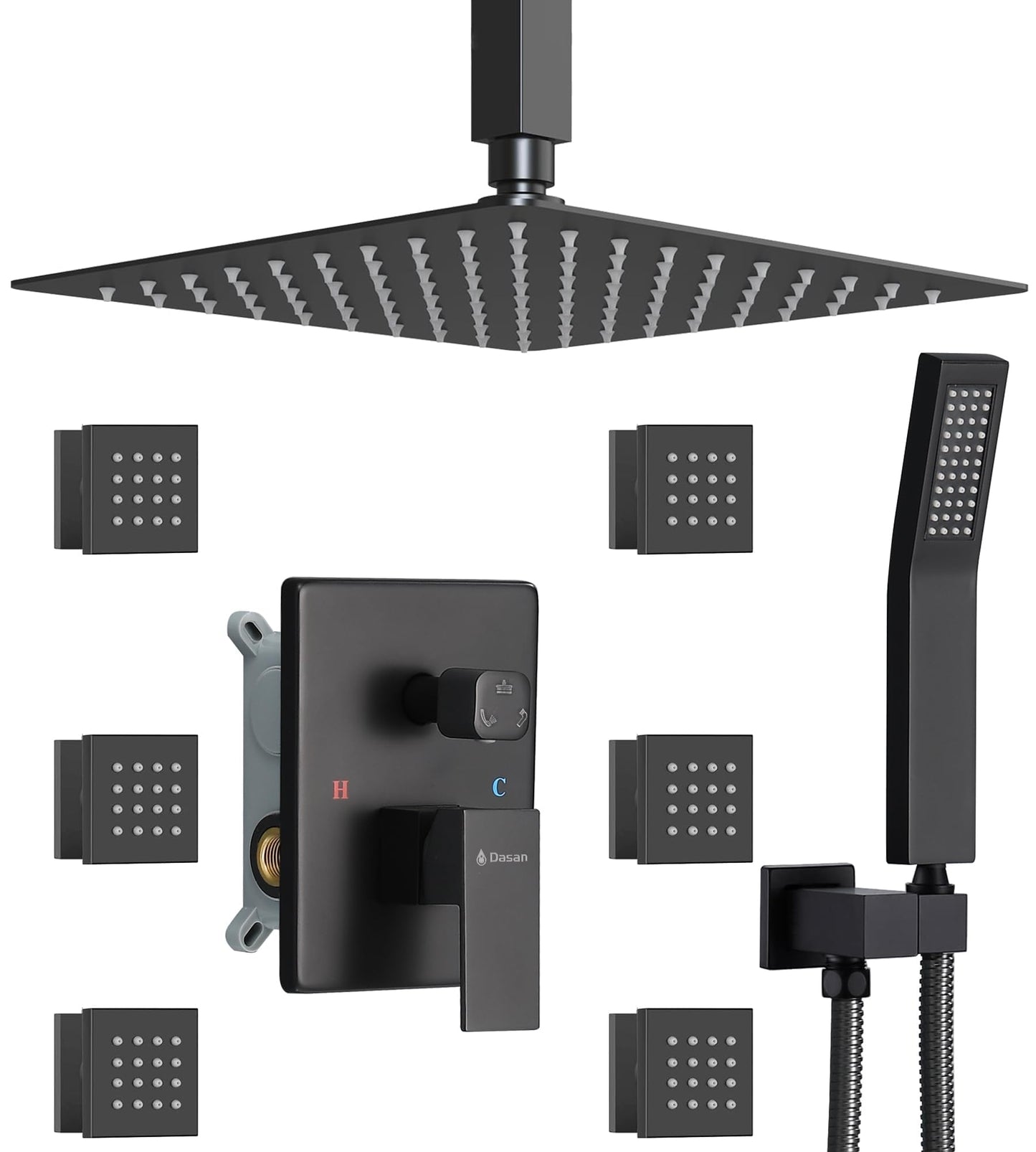 DASAN Full Body Shower System with 6 PCS Body Spray Jets & 12'' Rain Shower Head & Handheld, Ceiling Mount Rain Shower System Matte Black Shower Faucets Sets Complete with Valve, SA-SS03AMB-S12C2