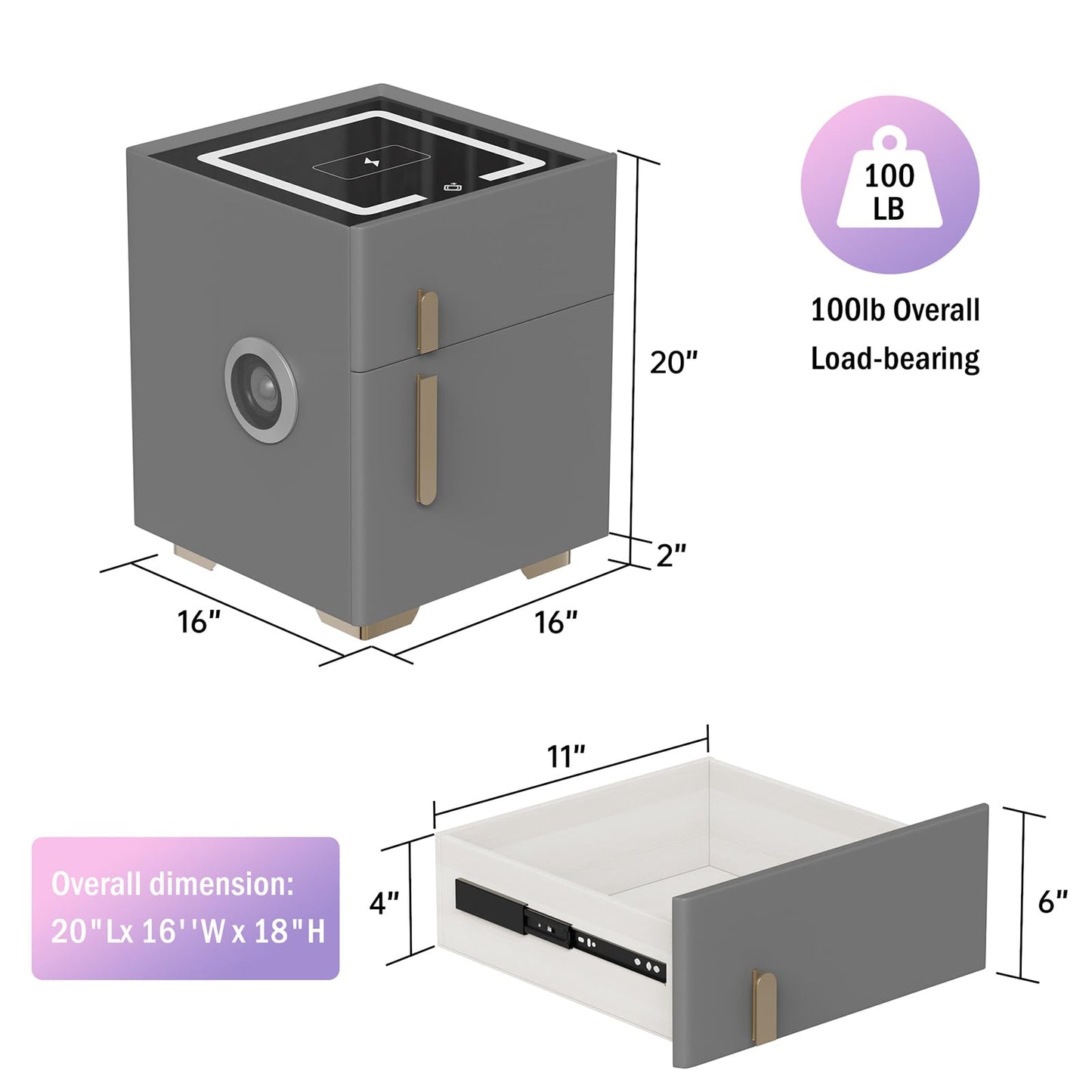 QHRAY Smart Nightstand with Drawers and Safe,Nightstand with Wireless Charging, Modern Bedside Table with Strongbox, USB Night Stand,LED Lights Bluetooth Speaker Side Table for Bedroom, Office