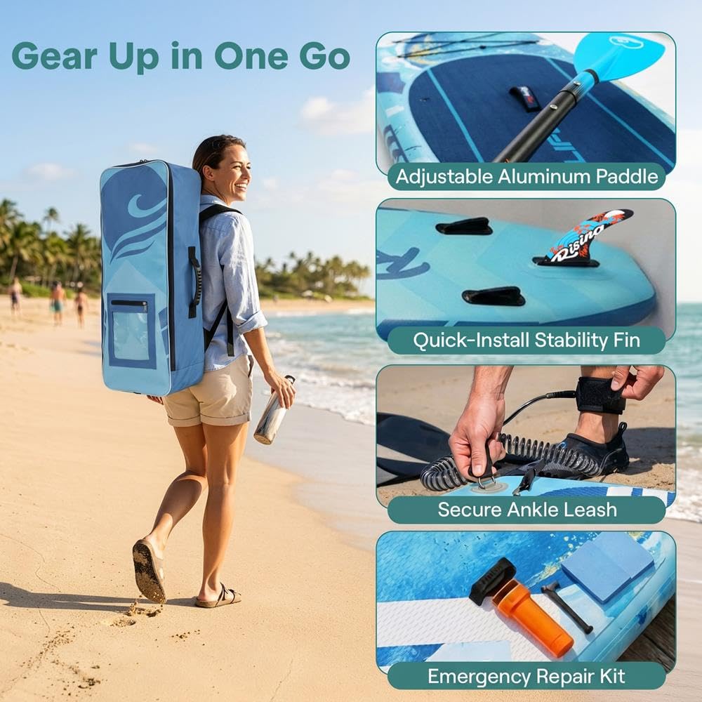 SereneLife Inflatable Stand Up Paddle Board - Wide Stable Design, Non-Slip Deck for Adults & Youth with Premium Paddle Board Accessories: Carry Bag, Dual Action Pump, Paddle, Ankle Leash - 10'6"
