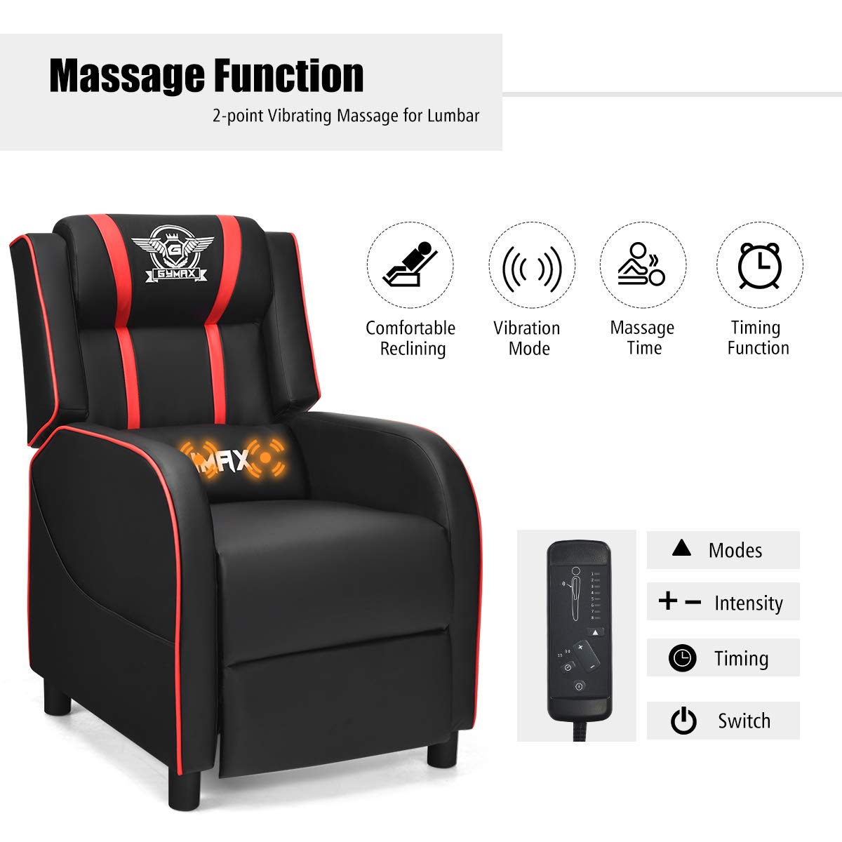 GLOBALWAY Gaming Recliner, Movie Theater Chair w/Adjustable Backrest & Footrest, Massage Lumbar Pillow, Racing Single Sofa, PU Leather Reclining Chair for Gaming Room, Home Theater (Red)