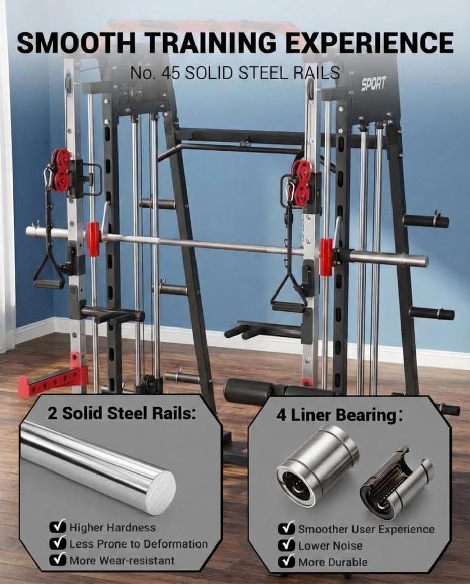 Smith Machine Home Gym, 2200LB Power Cage with Dual Pulley Cable Systems, LAT Pull-Down, Leg Hold-Down & 20+ Attachments for Full Body Workouts, Black