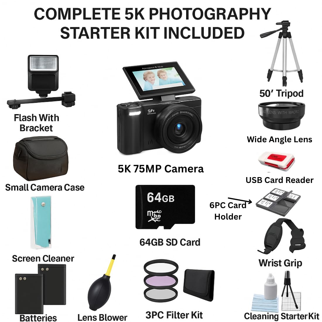 4K/5K Digital Camera – 75MP Vlogging Camera for YouTube, 180° Flip Screen, 18X Zoom, WiFi – Black Ultimate Kit with 64GB Card, 50" Tripod, Carrying Case, Macro/Wide Lens, Flash & Filters – Acuvar
