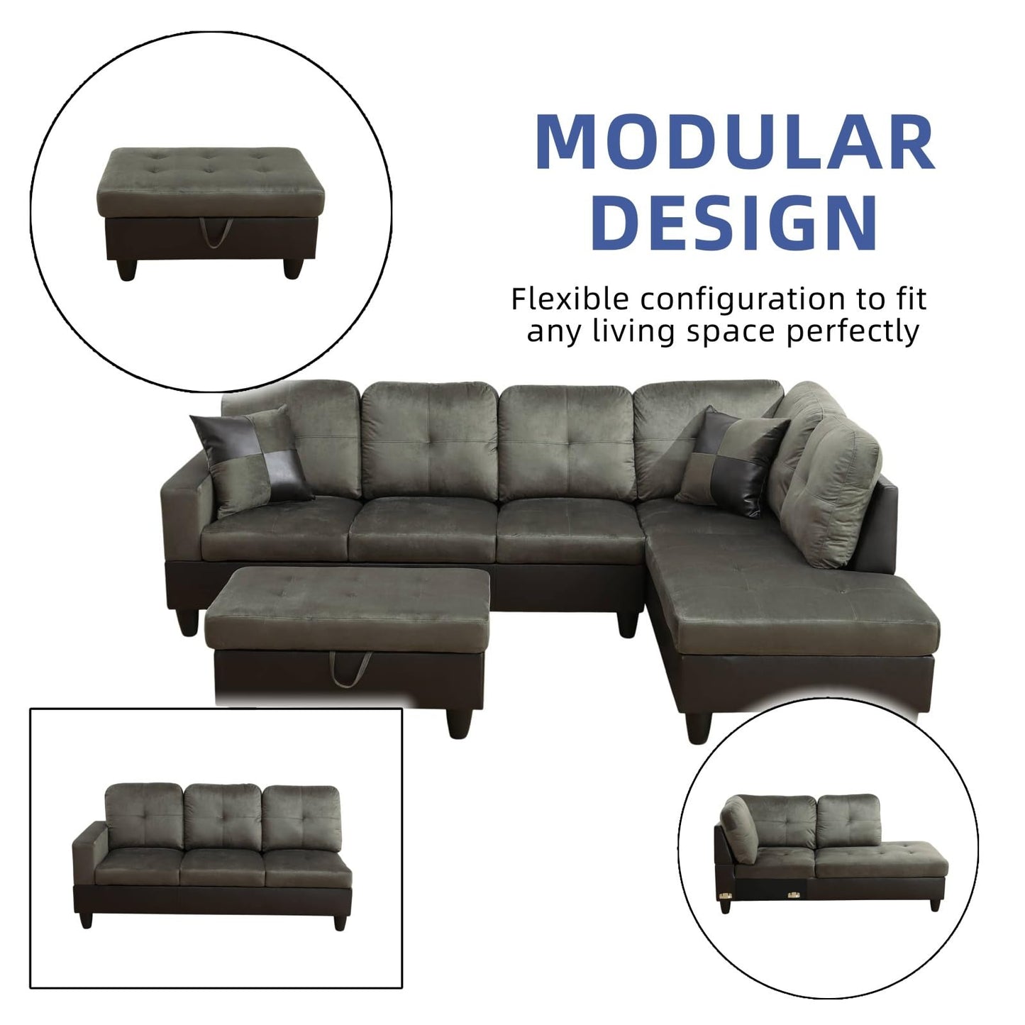 Trygoal 103.5 inch L-Shape Sofa with Storage Ottoman, Flannel Sectional Couch with Right Chaise, Modern 3-Piece Sofa Set, Upholstered Couch Set with Solid Wood Frame for Apartment, Loft, Taupe