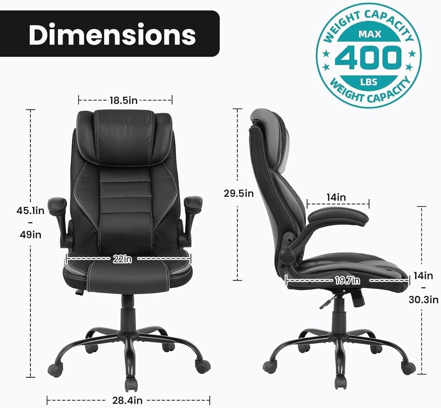 Oversized Executive Office Chair - 400LBS Heavy Duty, High Back Ergonomic Desk Chair with Adjustable Headrest/Lumbar Support, PU Leather Computer Chair for Long Hours (Home/Office/Gaming)，Gray