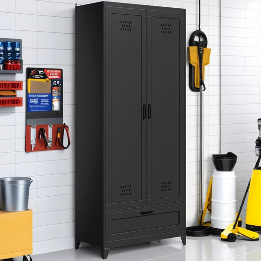 YITAHOME 71" Metal Garage Broom Cabinets with Adjustable Shelves, Vacuum Storage Cabinet with Doors and Drawer, Tool Storage Cabinet for Gym, Basement, Warehouse, Black, Metal