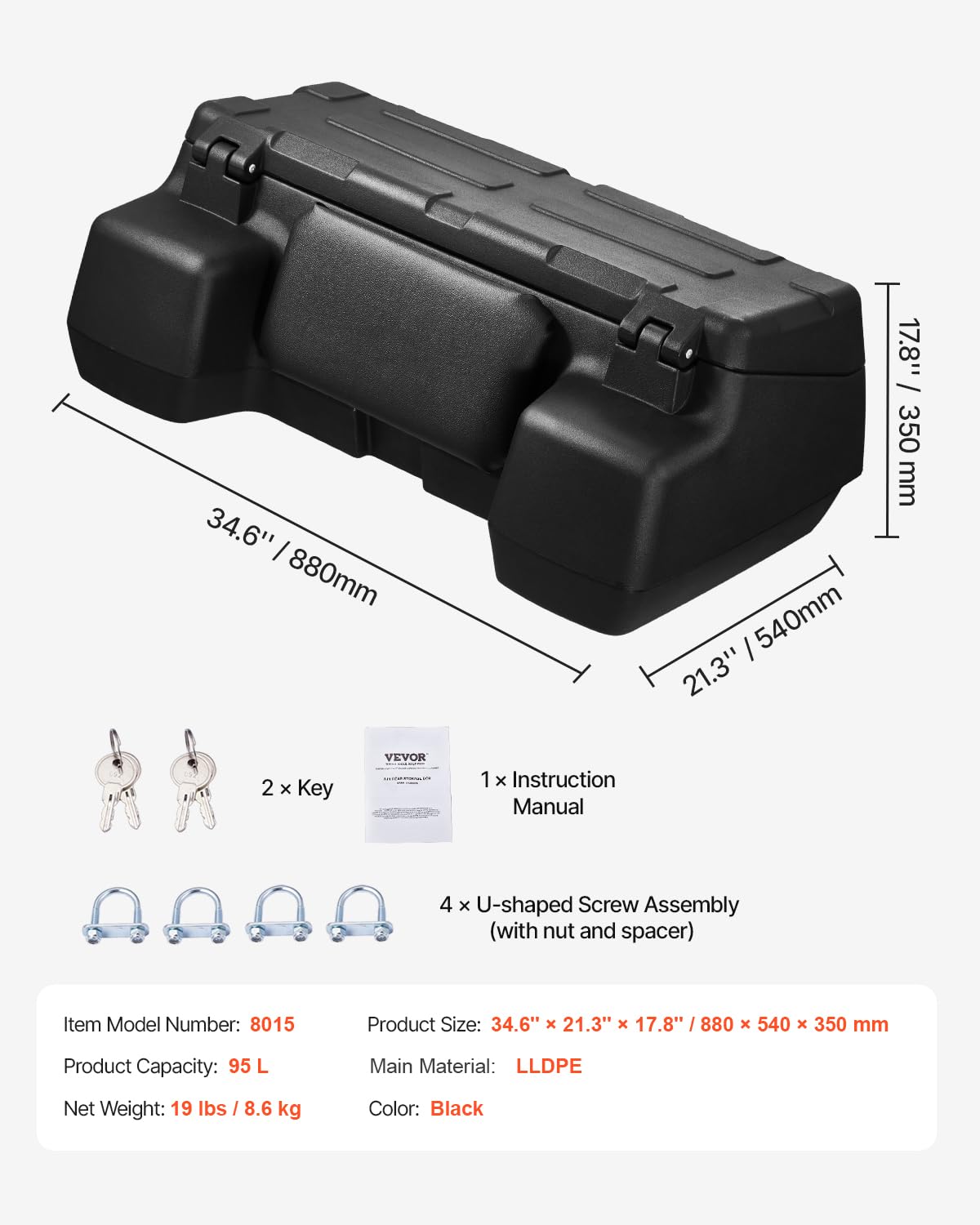 VEVOR ATV Rear Storage Box, 95L ATV Rear Cargo Box with Padded Backrest, Waterproof LLDPE and Lockable Gear Storage Box Fit Most ATVs with Rear Rack, Compatible with ATV, UTV, Can-Am Vehicles