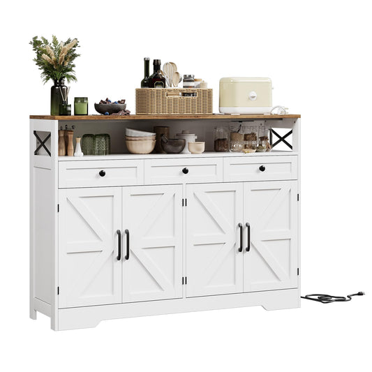 GarveeHome Farmhouse Buffet Cabinet with Storage, Open Shelf & Charging Station, 51" Kitchen Hutch Pantry Cabinet Sideboard Coffee Bar Station with 4 Barn Doors & 3 Drawers for Kitchen, Dining Room