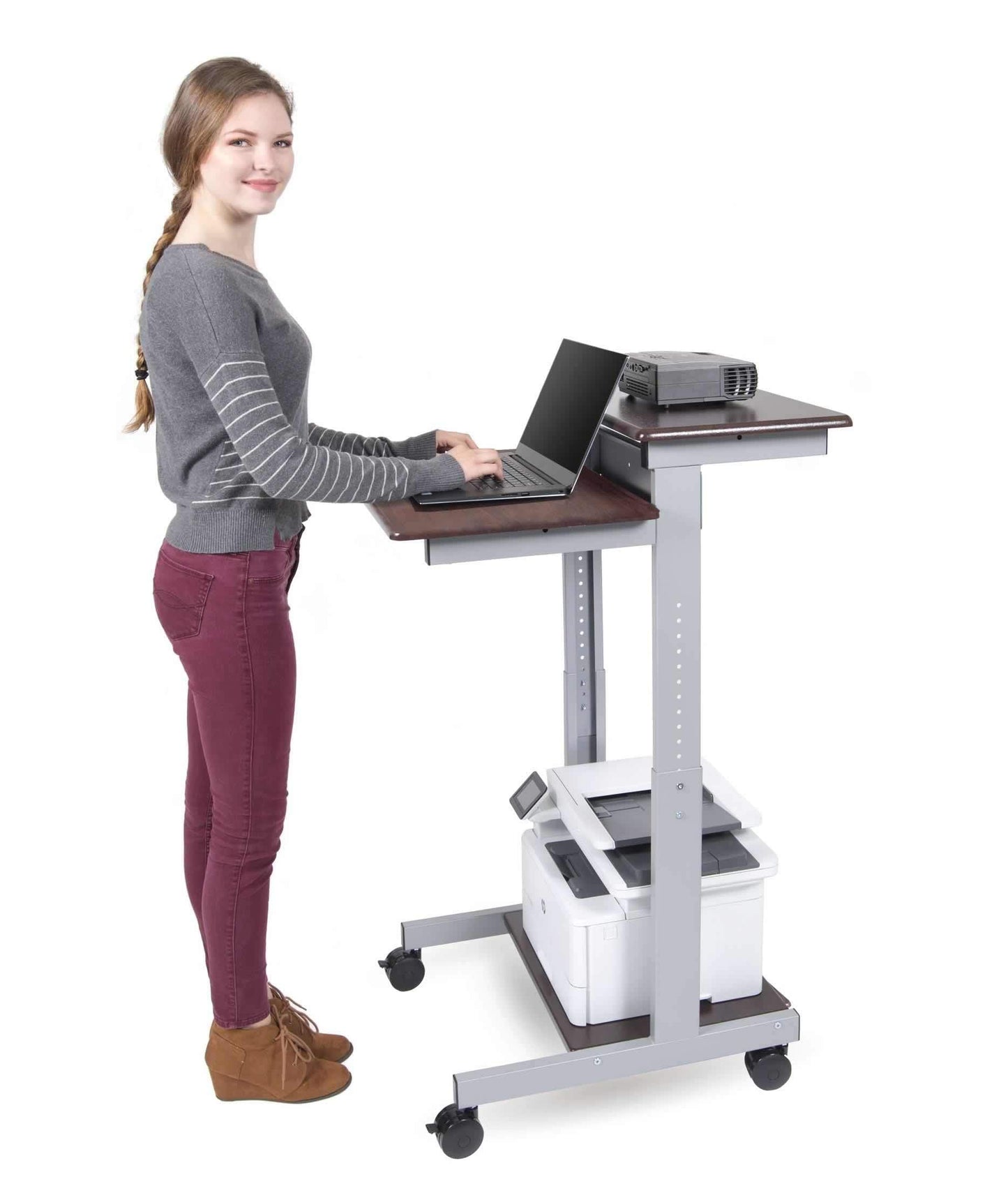 Stand Up Desk Store Rolling Adjustable Height Two Tier Standing Desk Computer Workstation (Silver Frame/Dark Walnut Top, 24" Wide)