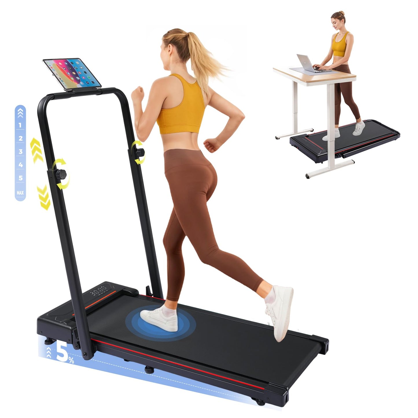 Gorise Walking Pad with Incline & Height-Adjustable Handlebar, 5-in-1 Foldable Treadmill for Home & Office, Portable Under Desk Treadmill 350LB with Remote Control LED Display Red