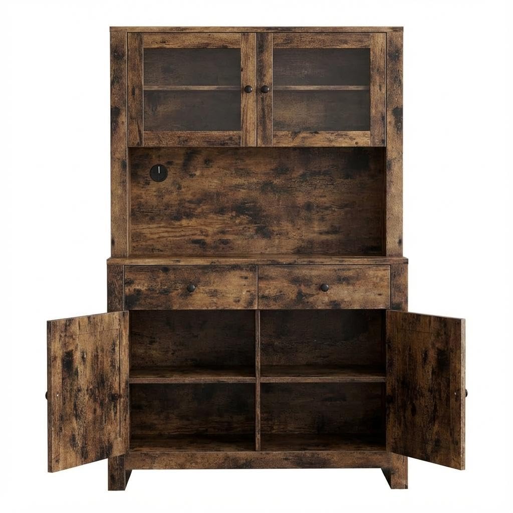 IDEALHOUSE 63" Kitchen Pantry Cabinet with Drawers, Hutch Cabinet with Storage, Microwave Stand, Adjustable Shelves, Freestanding Tall Pantry Storage for Dining Room, Living Room, Rustic Brown