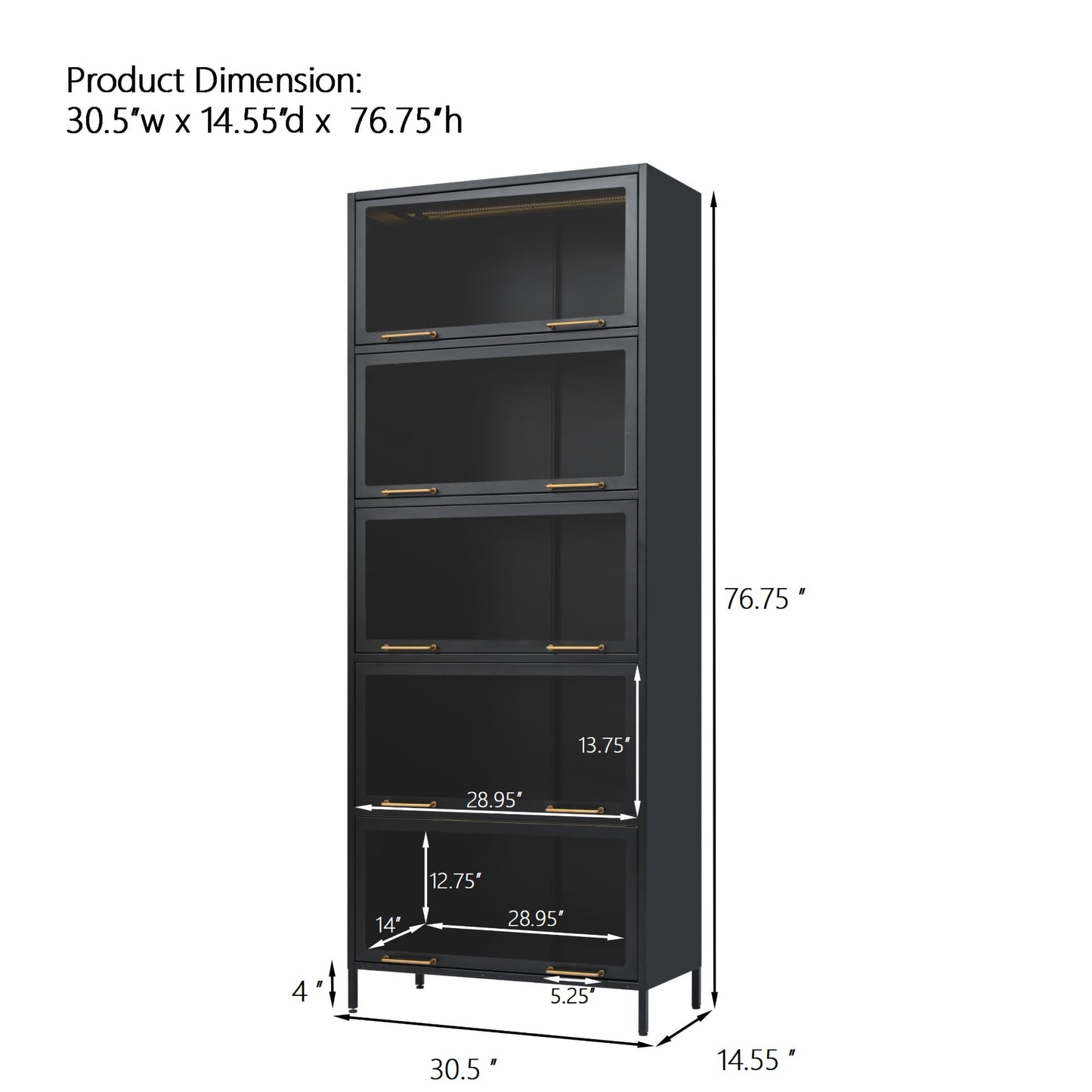 Merax 76.75'' Black Steel 5 Shelf Bookcase with Dustproof Glass Doors, Tall Iron Collection Books Display Cabinet with LED Lights, Modern Curio Bookshelf for Living Room, Home Office, Studio