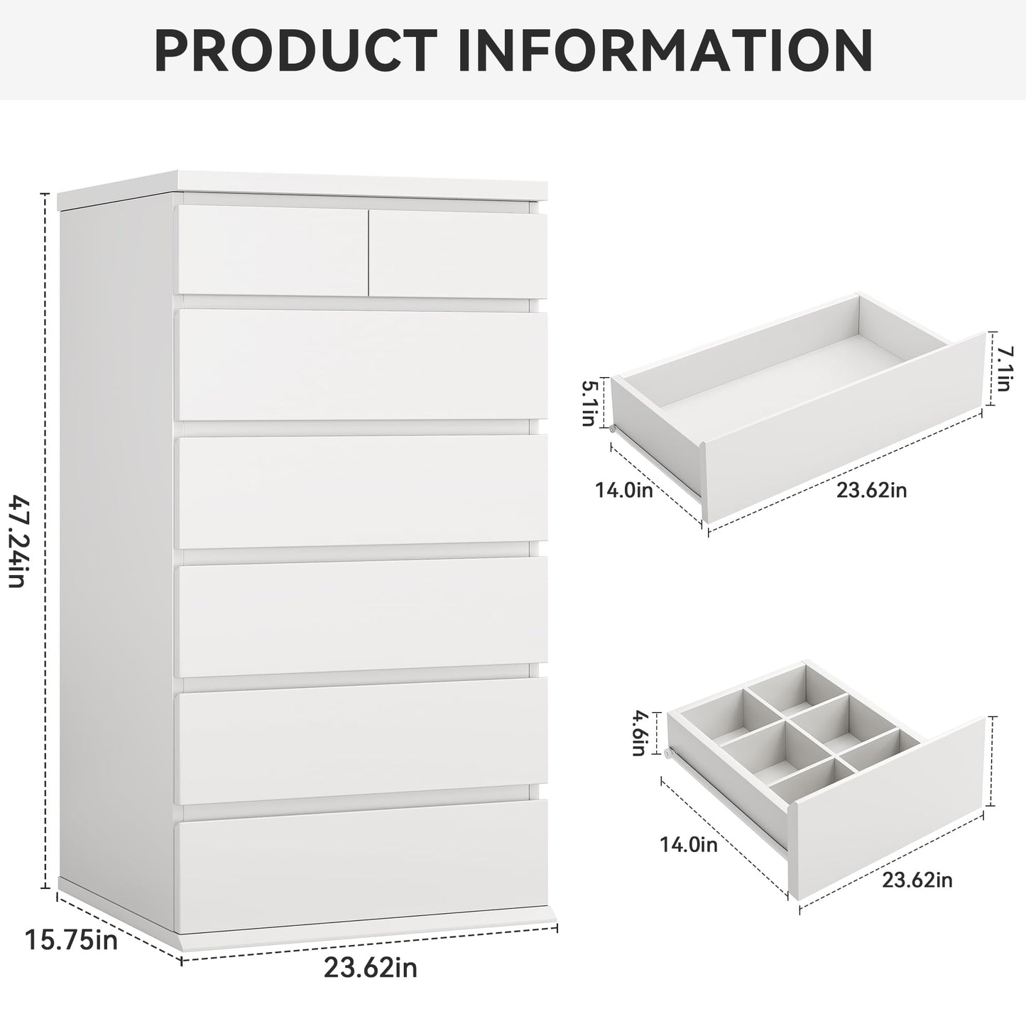 White Tall 7 Drawer Dresser for Bedroom, Modern Wood Closet Dressers & Chests of Drawers with Jewelry Storage, 23.6" L*15.8" W*47.5" H in Large Vertical Dresser for Bedroom, Living Room, Nursery