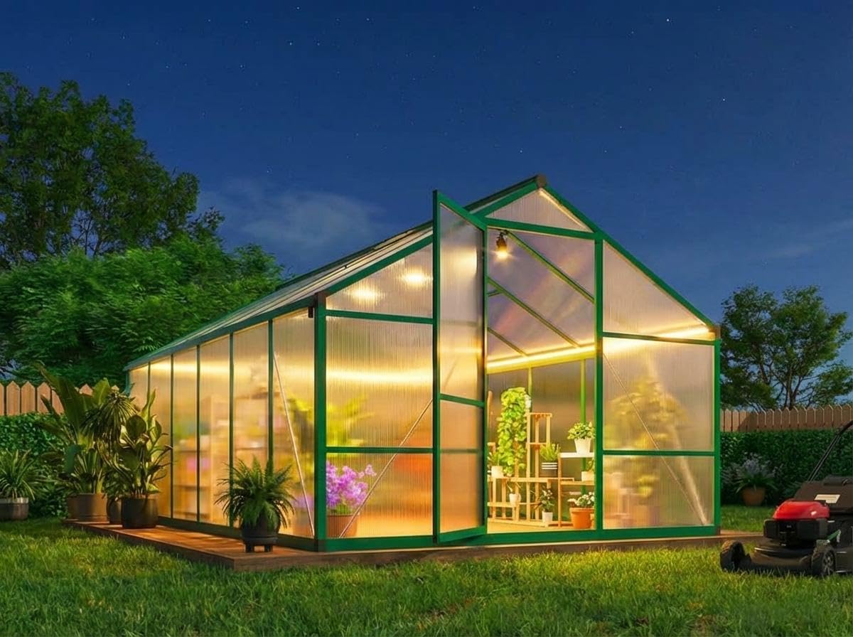 8 x 12 FT Greenhouse, Outdoor Sliding Door, Polycarbonate Greenhouse with Aluminum Frame, Lockable Door and Ajustable Roof Vent for Backyard, Outside Garden Backyard, Patio, Green