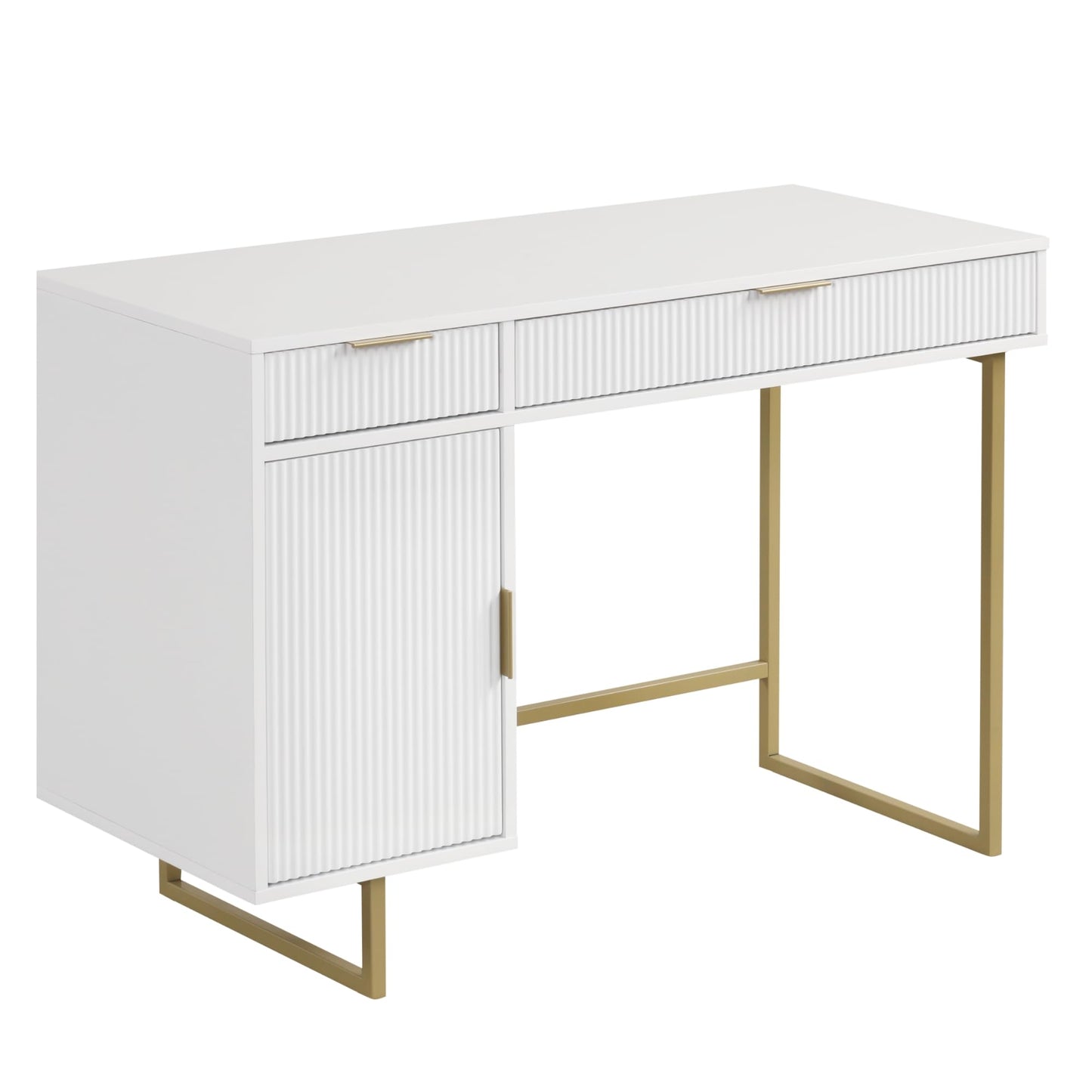 Nathan James Jacklyn White Modern Computer Desk, Workstation or Writing Desk for Small Spaces with Drawers and Cabinet Storage, White/Pale Gold