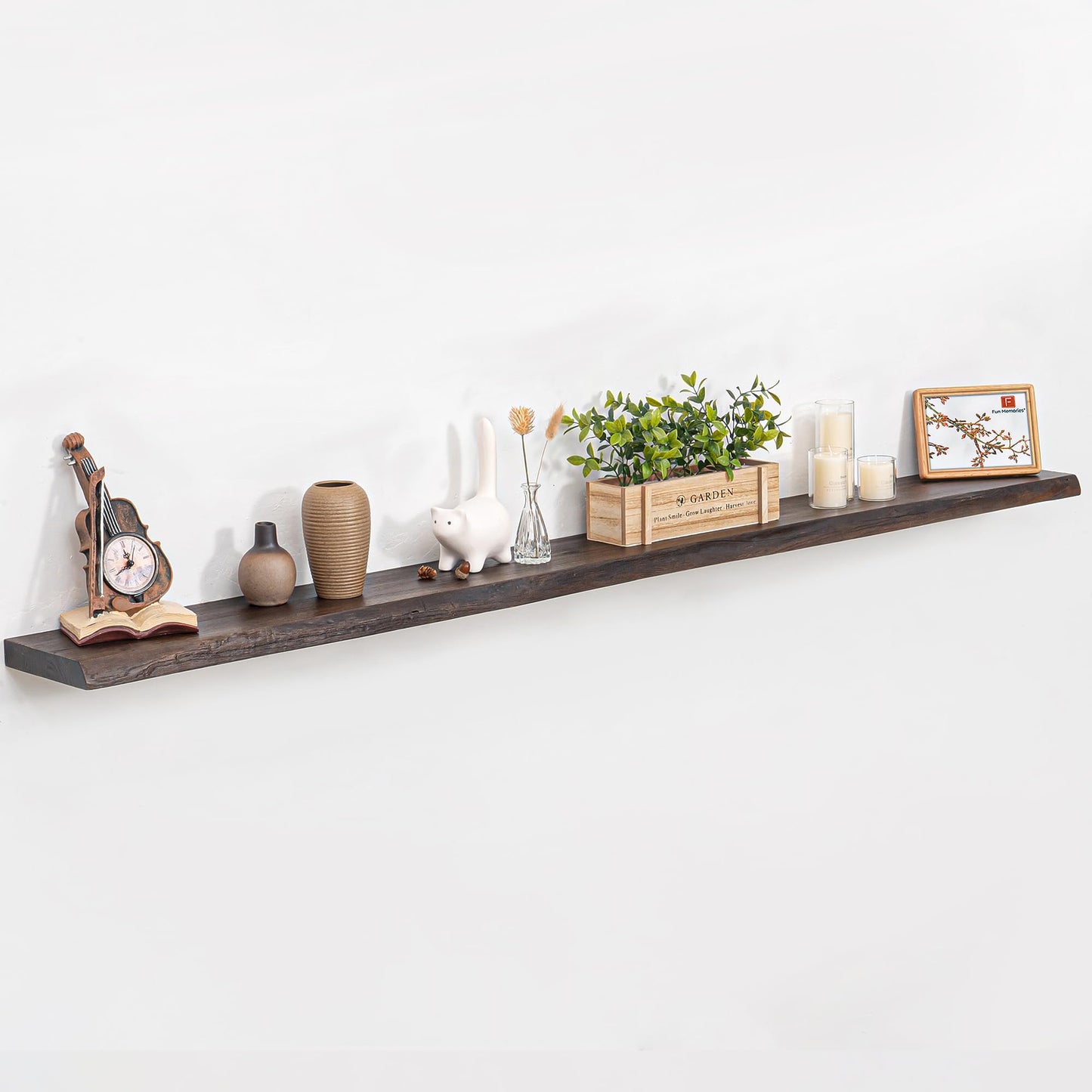 Floating Shelves for Wall, 72"x9.3" Rustic Solid Live-Edge Elm Wood Wall Shelves, Heavy-Duty Floating Shelves with Invisible Brackets, Set of 2 for Living Room, Bedroom, and Kitchen, Walnut Finish