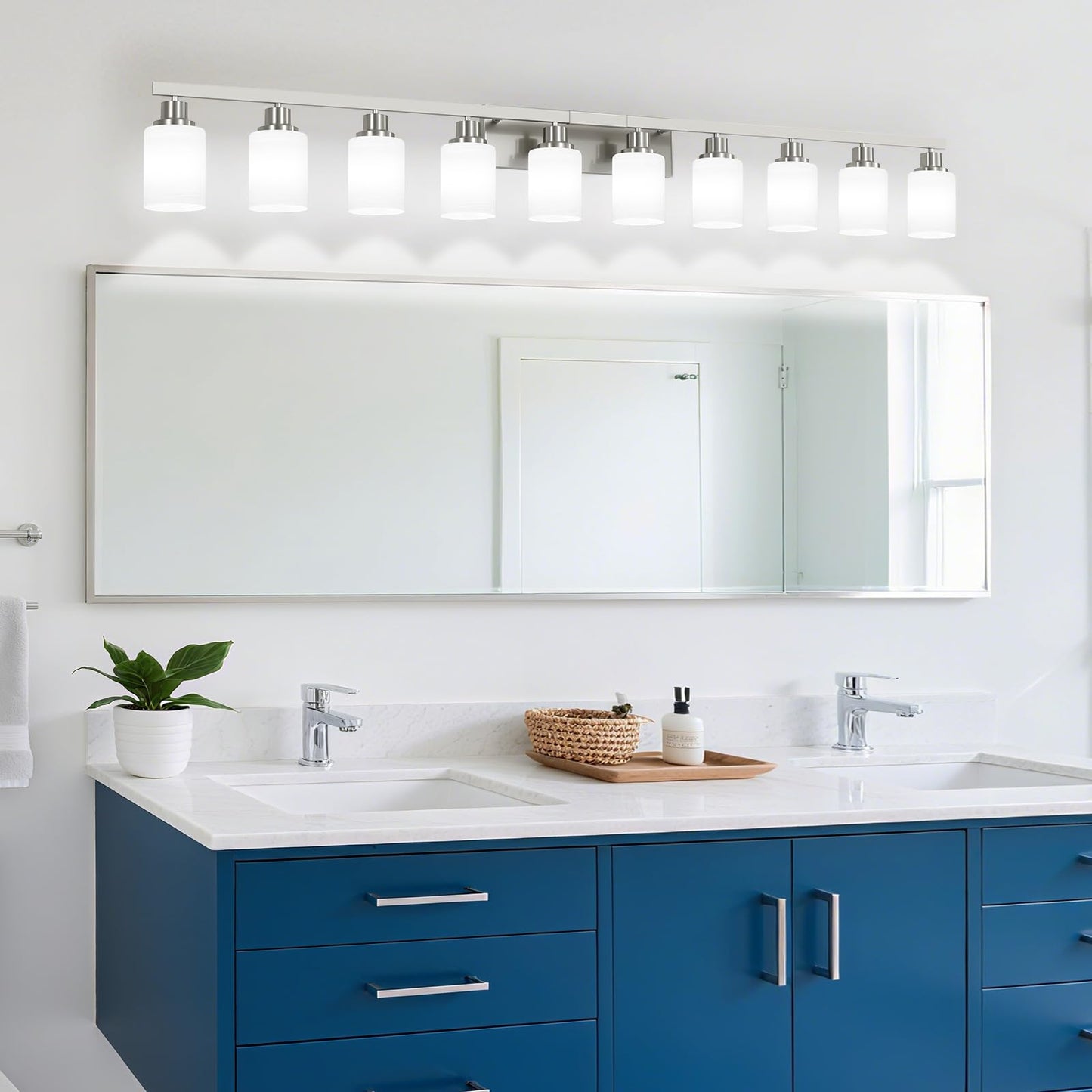 DIKAIDA 10-Light Bathroom Vanity Light Brushed Nickel,64.5in Vanity Lights with White Frosted Glass,Modern Bathroom Wall Lights Fixtures Over Mirror,Wall Sconces Lighting for Bedroom Living Room,E26