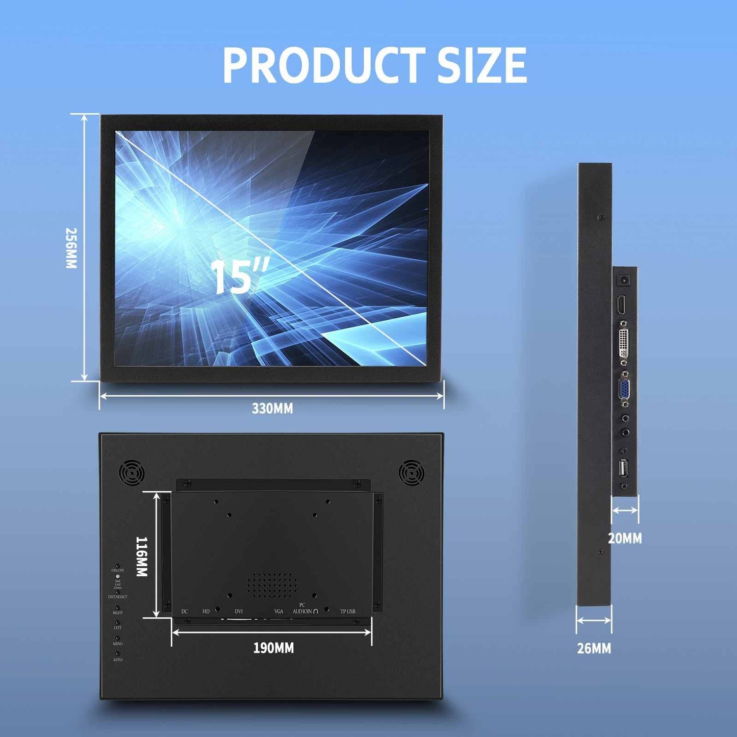 VSDISPLAY Portable Industrial Monitor with Dual Speaker,15 Inch 1024x768 4:3 IPS LCD Touchscreen and VGA DVI Video Input,Metal Shell with Bracket