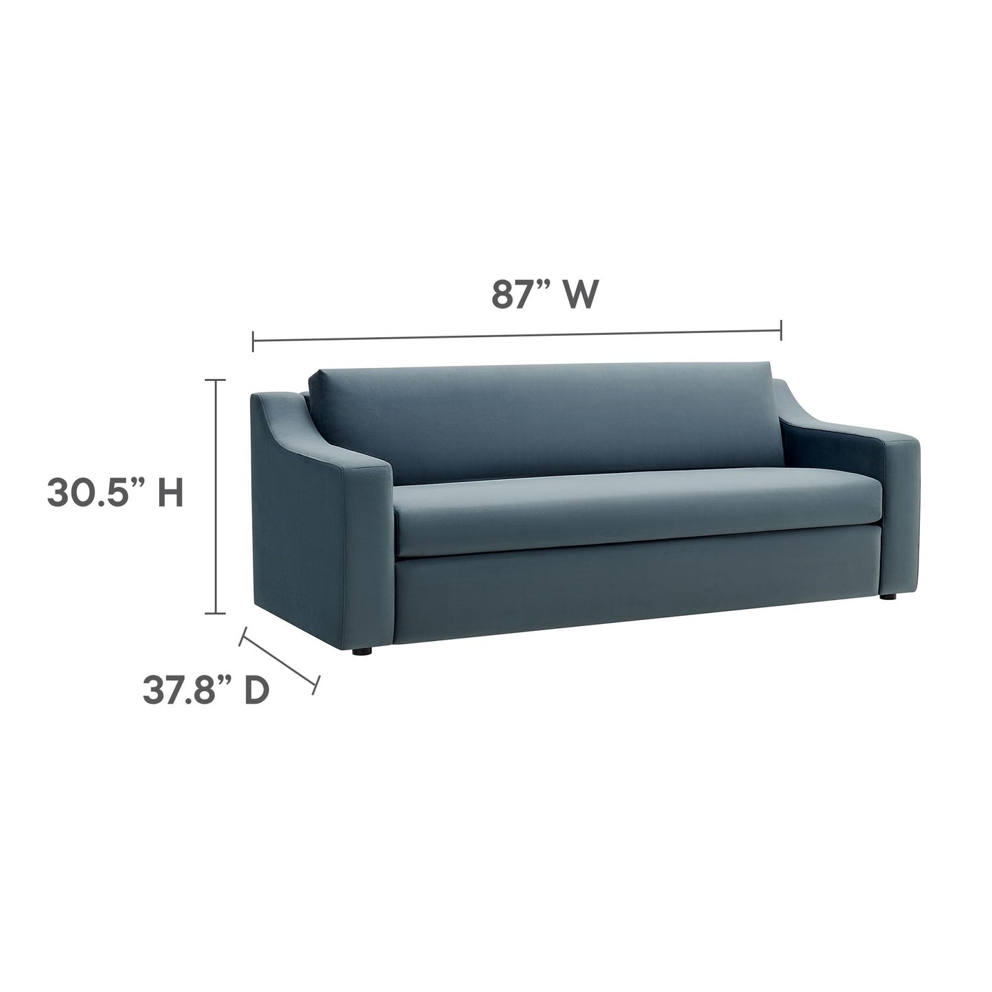 Modway Liora 87 Inch Stain-Resistant Performance Velvet Sofa in Cadet Blue - 3 Seater Upholstered Sofa Couch for Living Room Seating - Comfy Deep Seat Sofa with Scoop Arms