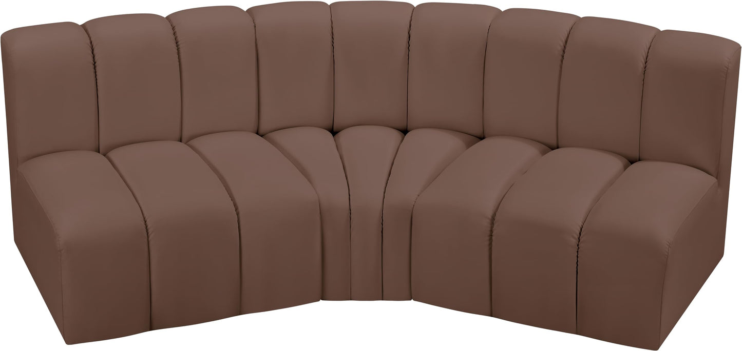 Meridian Furniture 101Brown-S3B Arc Collection Modern | Contemporary Modular Sofa with Soft Brown Vegan Leather, Deep Channel Tufting, Modular Design, 86" W x 41" D x 30" H, Brown