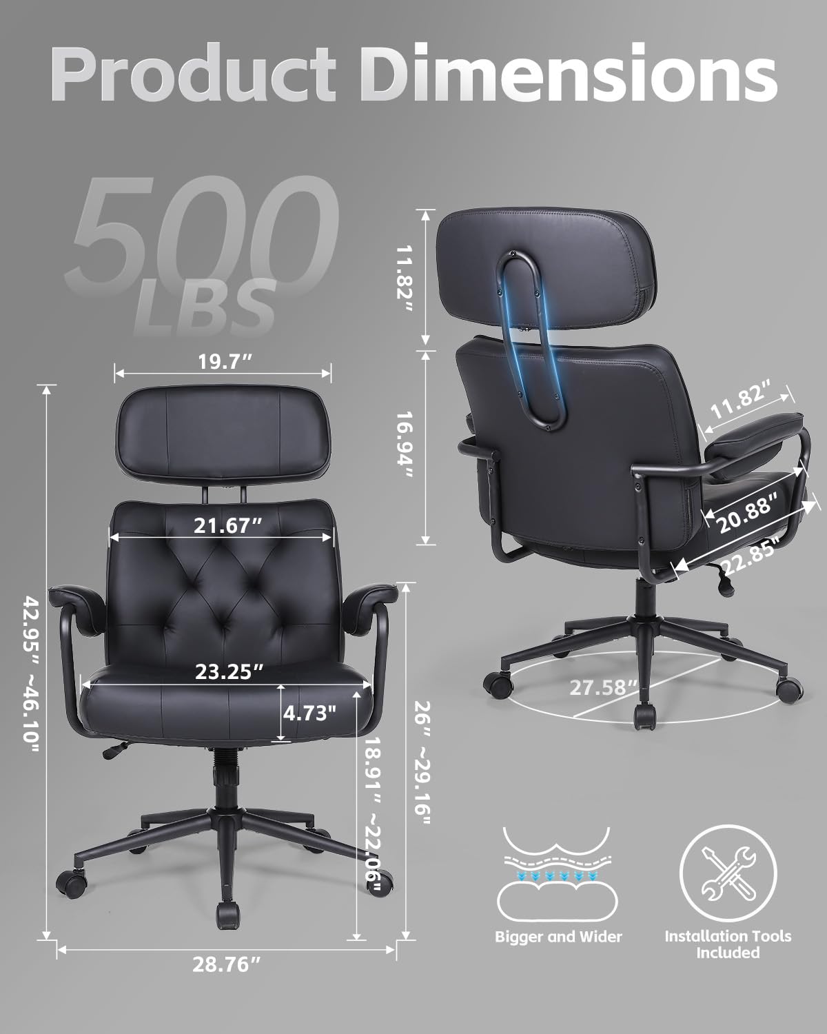Mid Century Modern Home Office Desk Chair, Ergonomic Office Chair Big and Tall, High Back Executive Office Chair Leather Extra Wide, Computer Chair Comfy, Adjustable Height Rolling Chair, Black