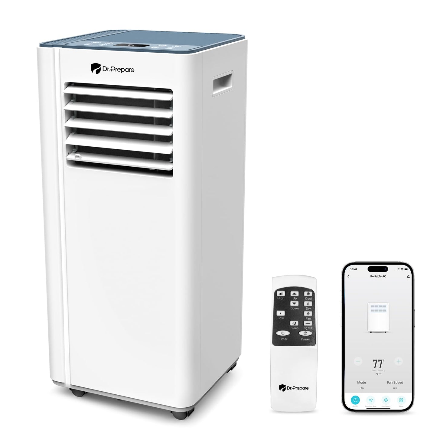 DR.PREPARE 8,000 BTU Portable Air Conditioner with WiFi Enabled, Cooling, Dehumidifier, Fan & Sleep Modes 4-in-1 Portable AC w/Remote Control & 67'' Window Kit, Cools Up To 350 sq. ft, 1-24H Timers