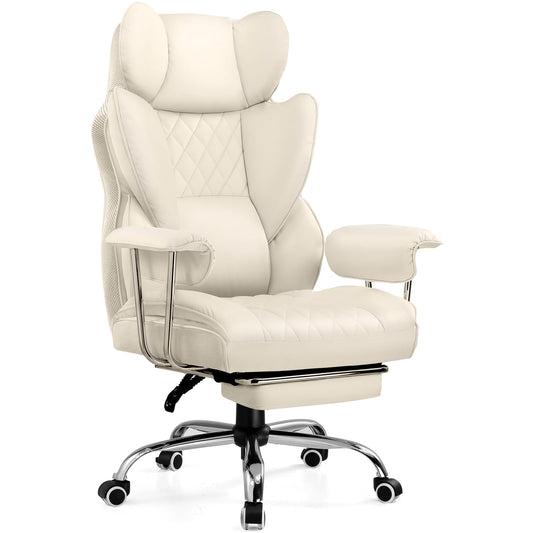 COMHOMA Big and Tall Office Chair, High Back Leather Gaming Chair with Footrest, Executive Ergonomic Office Chairs with Pocket Spring Lumbar Support and with Outward Fixed Soft Armrests