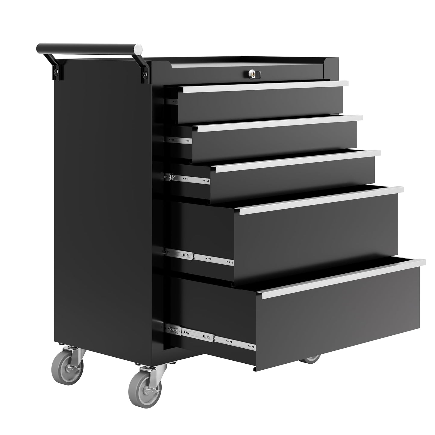 PeakPursuit 5-Drawers Rolling Tool Chest, Portable Tool Box with Wheels and Lock System, Secure Storage Cabinet for Warehouse, Workshop, and Repair Shop, Black