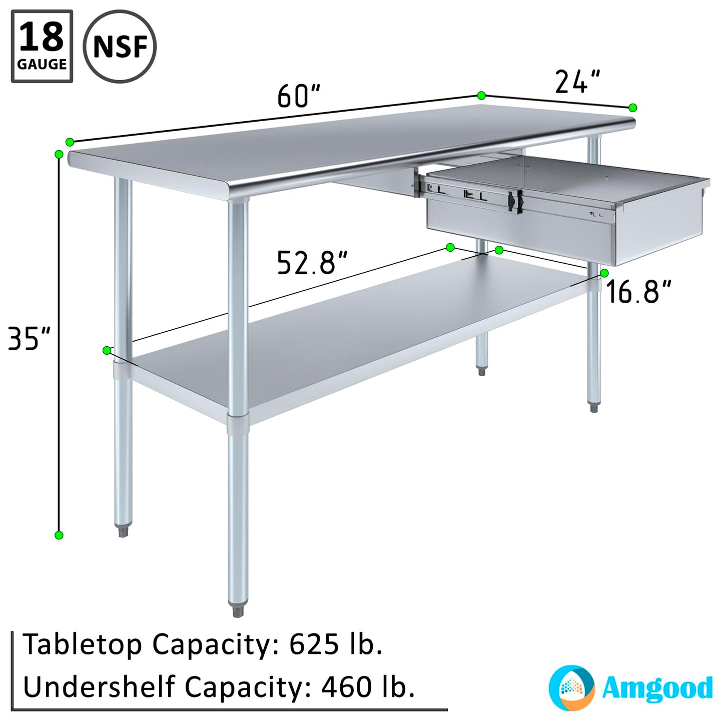 AmGood Stainless Steel Table with Drawer | Commercial & Residential Kitchen Laundry Garage Utility Bench | NSF Metal Prep Table (Stainless Steel Table + Drawer, 60" Long x 24" Deep)