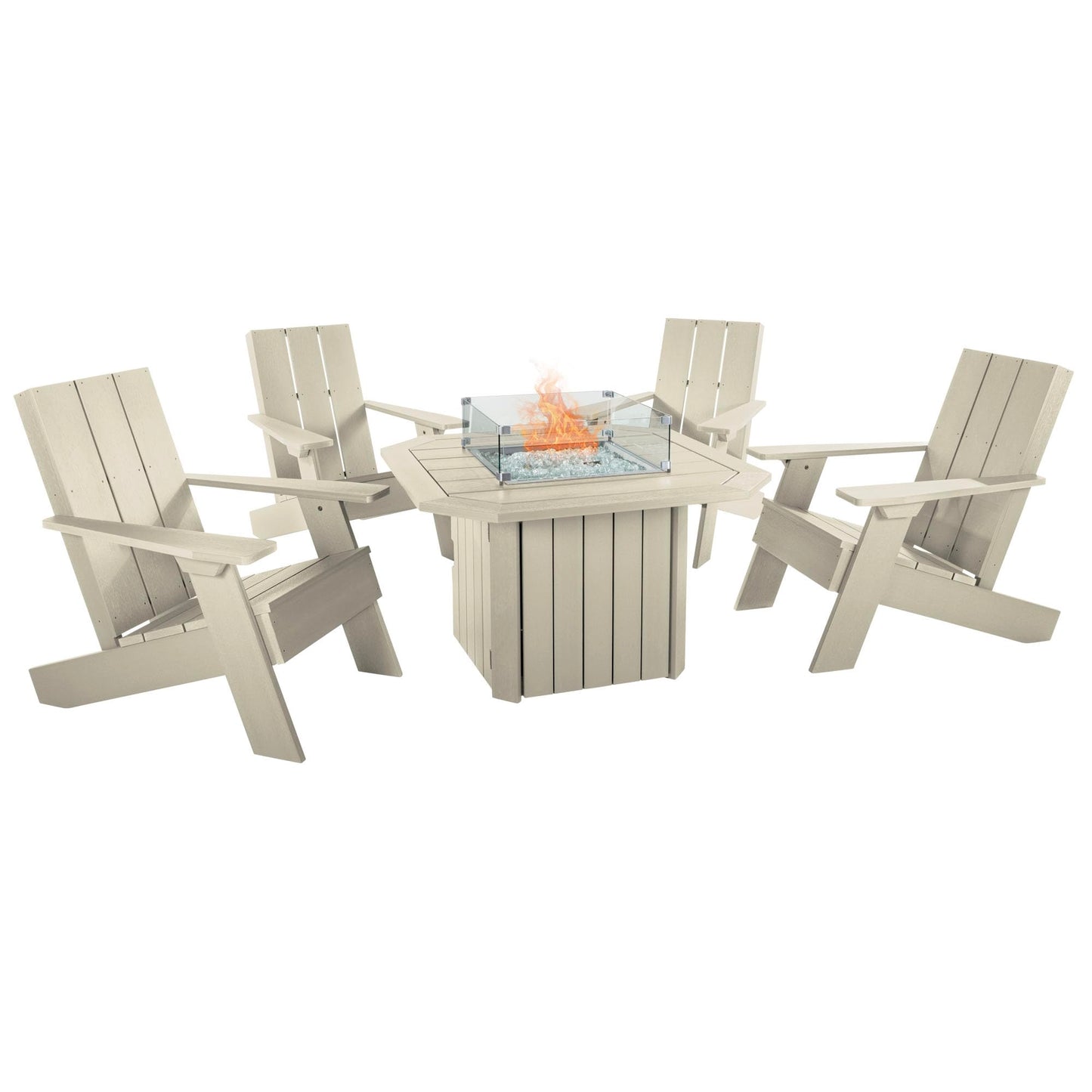 Oasis 5-Piece Conversation Set with Fire Pit Table, 4 Italica Modern Adirondack Chairs and 40” Fire Pit Table with Glass Wind Guard and Rain Cover, Whitewash
