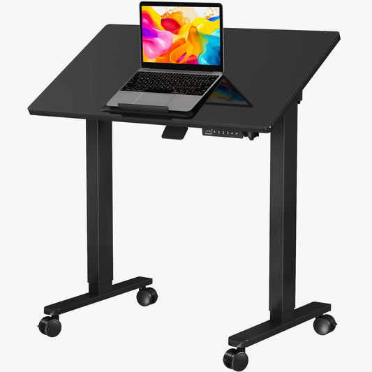 Liftsync Glass Standing Desk，35inch Whole Piece Rolling Sit Stand Table with Wheels，90° Tiltable Mobile Rising Height Adjustable，Foldable Top Suit for Small Laptop，Black