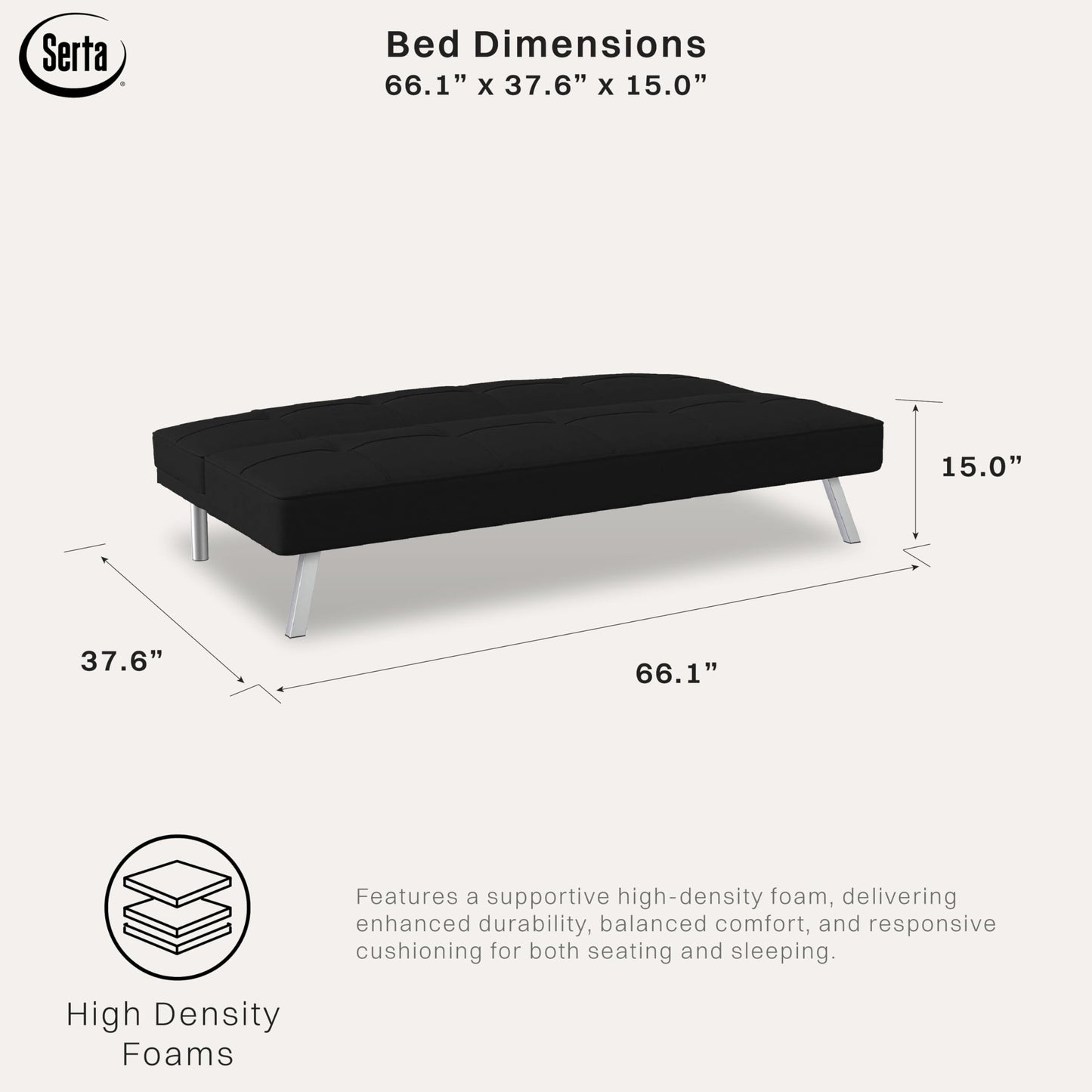 Serta® Rane Futon Sofa Bed 66.1", 3-in-1 Convertible Couch Sleeper for Small Spaces, Tufted Back, Twin Size Guest Bed, Black Woven Fabric
