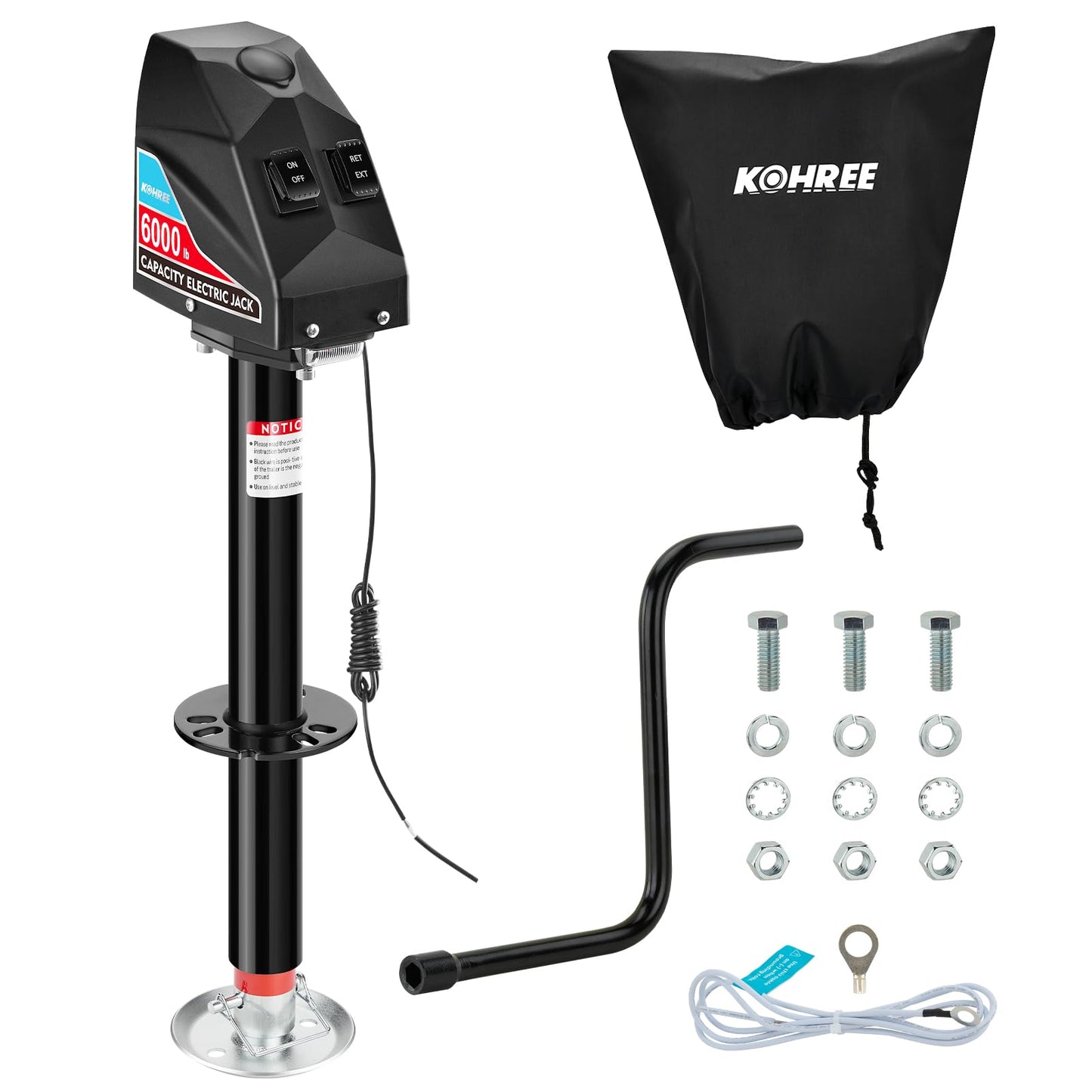 Kohree Electric Trailer Jack 6000 lbs, Heavy Duty RV Electric Power Tongue Jack for Travel Trailer A-Frame Camper, with Manual Crank Handle & Weatherproof Jack Cover, 22" Lift, 12V DC with Wiring