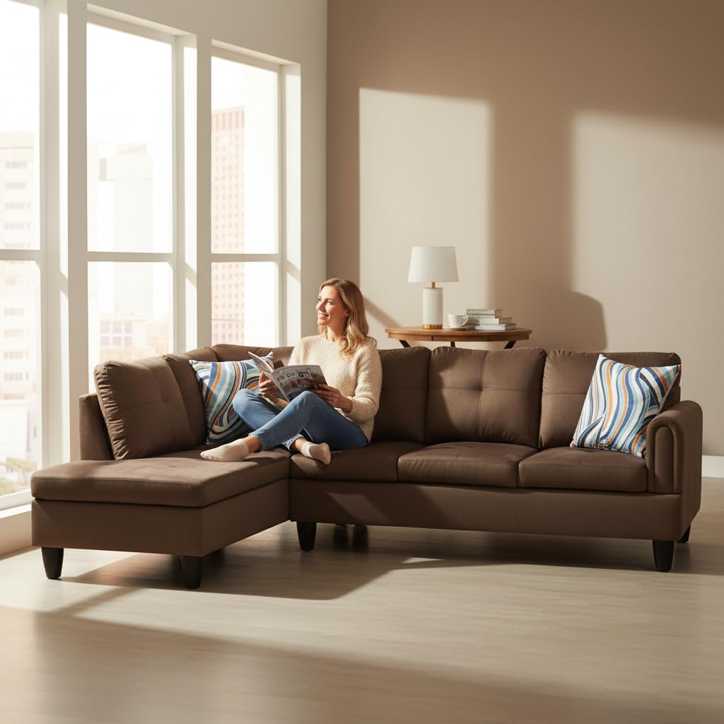 Trygoal Modern L-Shaped Sectional Sofa with Chaise Lounge, 4-Seater Flannel Couch with High-Density Foam Cushions, for Living Room, Apartment, Studio, Easy Assembly, Chocolate