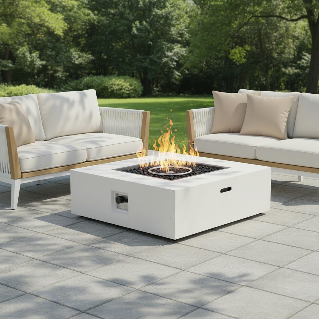 Christopher Knight Home Yuna Outdoor Propane Fire Pit Table with Lava Rock, No Assembly MGO Tank Table for Patio/Deck, 50000 BTU, Square Tabletop Fire Pit Outdoor, Patio Fire Table, White