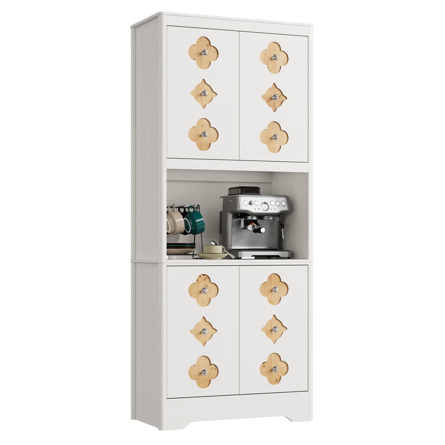 GarveeHome 72" Tall Kitchen Pantry Storage Cabinet, 4 Door with Carved Design and Shelf for Microwave, Freestanding Wooden Cupboard with Crystal Handle, for Dining Living Room, Antique White