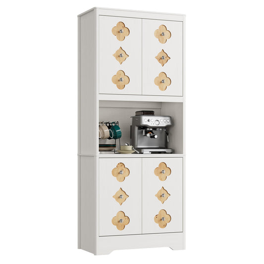 GarveeHome 72" Tall Kitchen Pantry Storage Cabinet, 4 Door with Carved Design and Shelf for Microwave, Freestanding Wooden Cupboard with Crystal Handle, for Dining Living Room, Antique White
