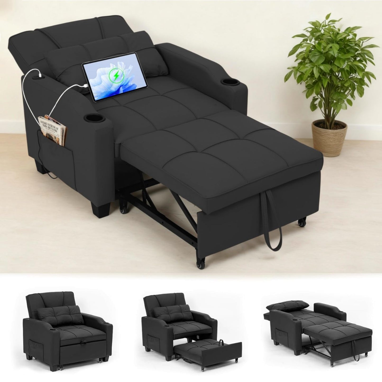 Sleeper Chair Pull Out Bed, 4 in 1 Convertible Sofa Chair Bed with Vibration Massage Lumbar Pillow, Single Sofa Recliner with USB/Type-C Port, Cup Holders and Side Pocket for Small Spaces (Black)