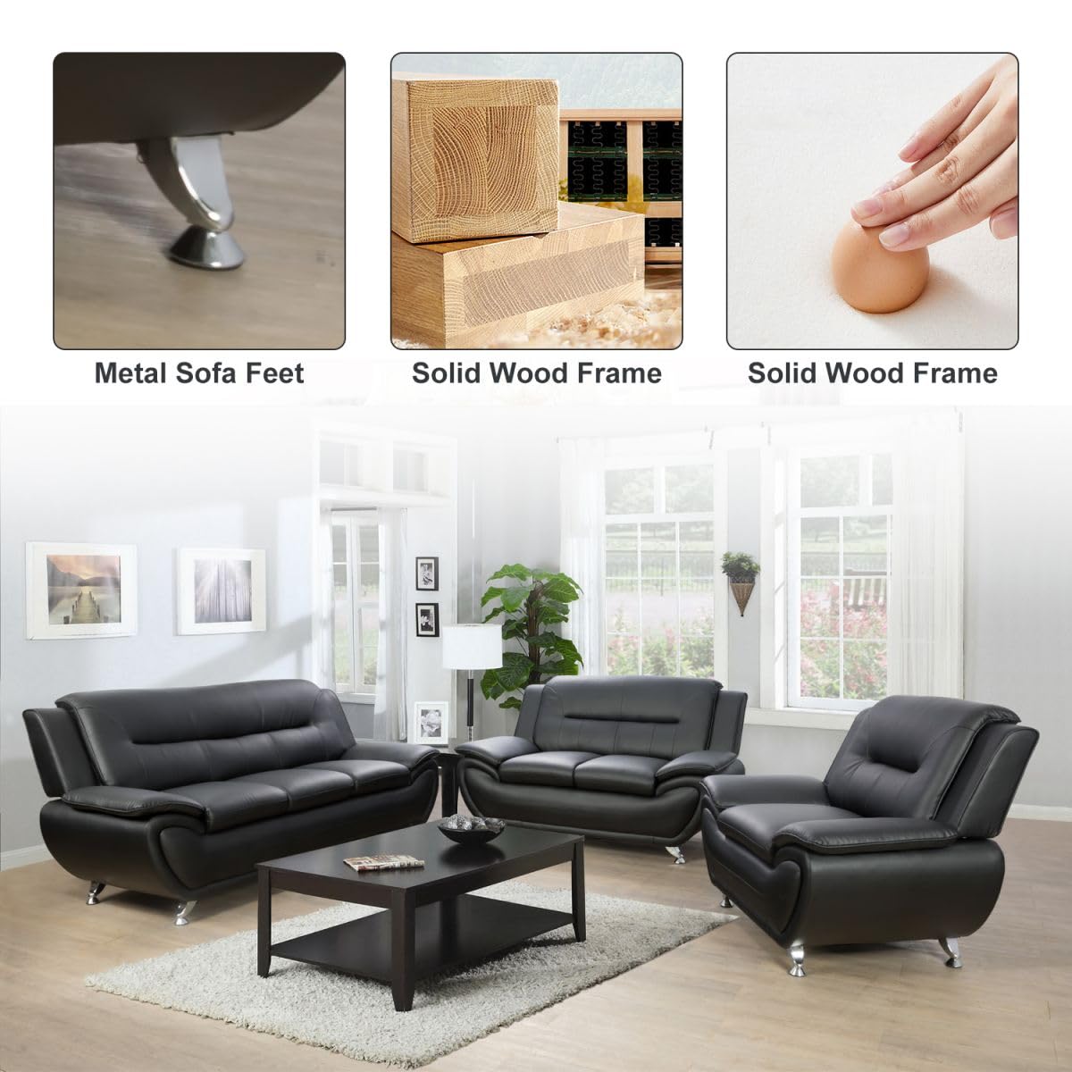UOCFYK Lounge Comfy Faux Leather Sofa Modern Loveseat Couch for Small Living Room/Dorm/Bedroom/Office/Apartment for Small Spaces, (Black-2, Two-Person Seat)