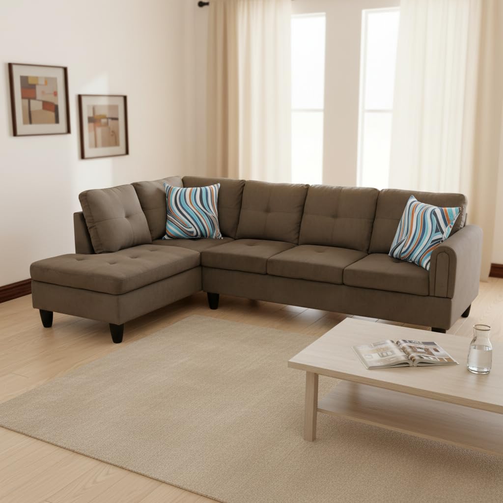 Trygoal Modern L-Shaped Sectional Sofa with Chaise Lounge, 4-Seater Velvet Couch with High-Density Foam Cushions, for Living Room, Apartment, Studio, Easy Assembly, Brown