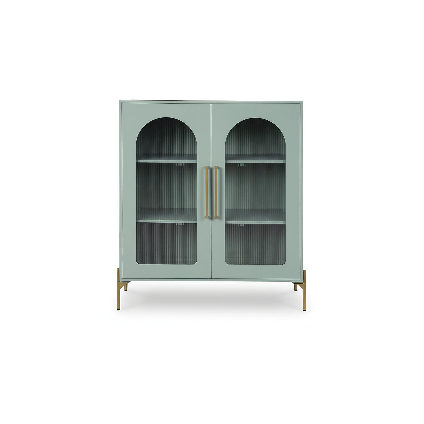 Signature Design by Ashley Adwen Arched Accent Cabinet, Modern Storage Cabinet with 2 Fluted Glass Doors, Engineered Wood & Metal Construction for Living Room Display, Light Green & Gold, 40" W