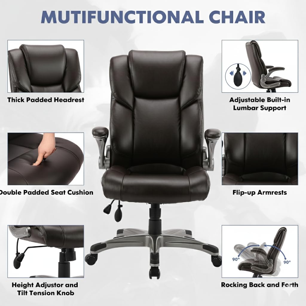 Ergonomic High Back Executive Office Chair with Adjustable Airbag Lumbar Support, Bonded Leather Desk Chair with Flip-up Armrests, Swivel Computer Task Chair for Home Office Workstation, Brown